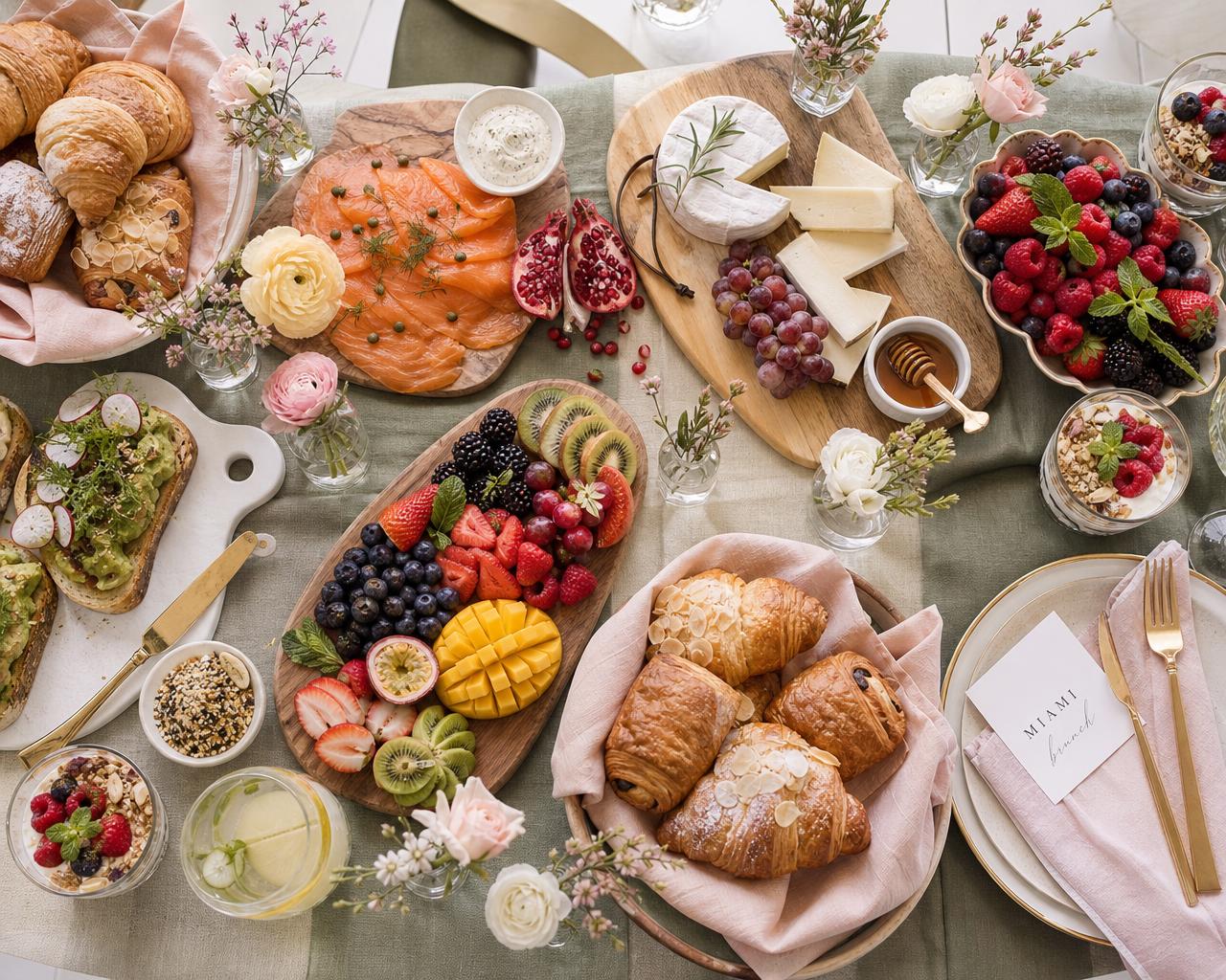 Overhead editorial brunch tablescape with smoked salmon, croissants, pastries, fresh fruits, and soft florals