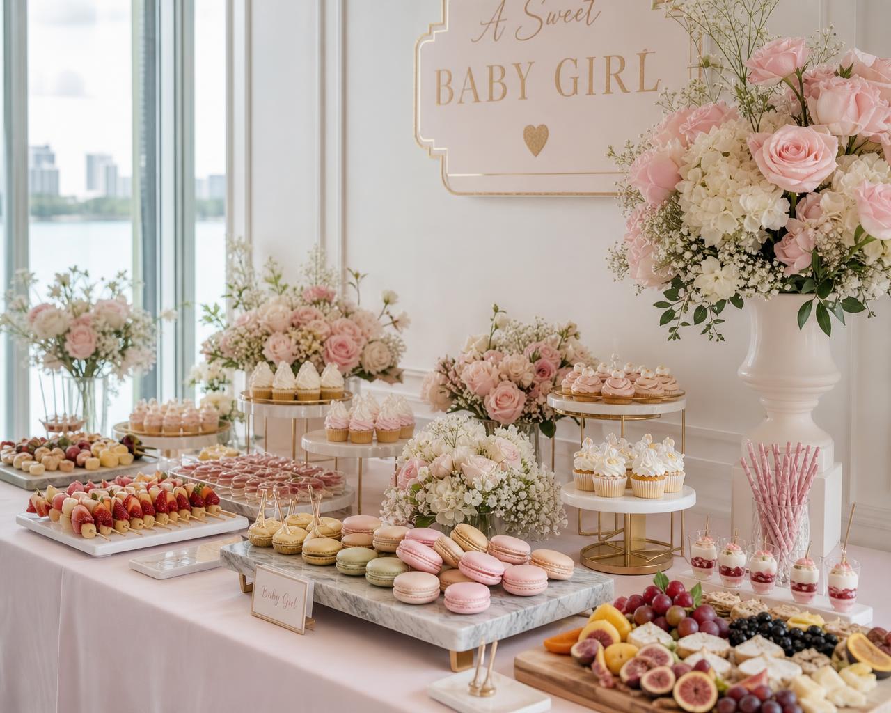 Elegant baby shower dessert table with pastel macarons, cupcakes, fruit skewers, and blush florals