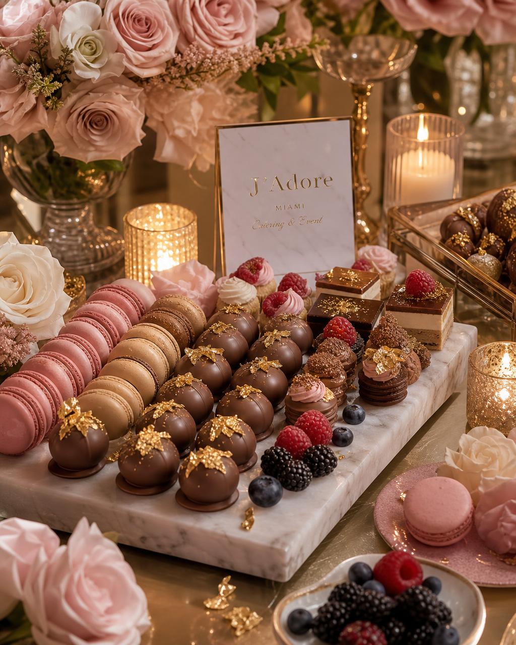 Luxury dessert tablescape with macarons, chocolate truffles, berries, edible gold leaf, and blush roses