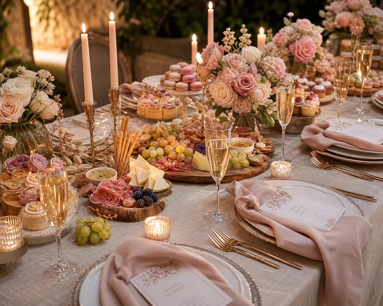 Romantic candlelit bridal shower table with pastel desserts, macarons, champagne, and blush roses
