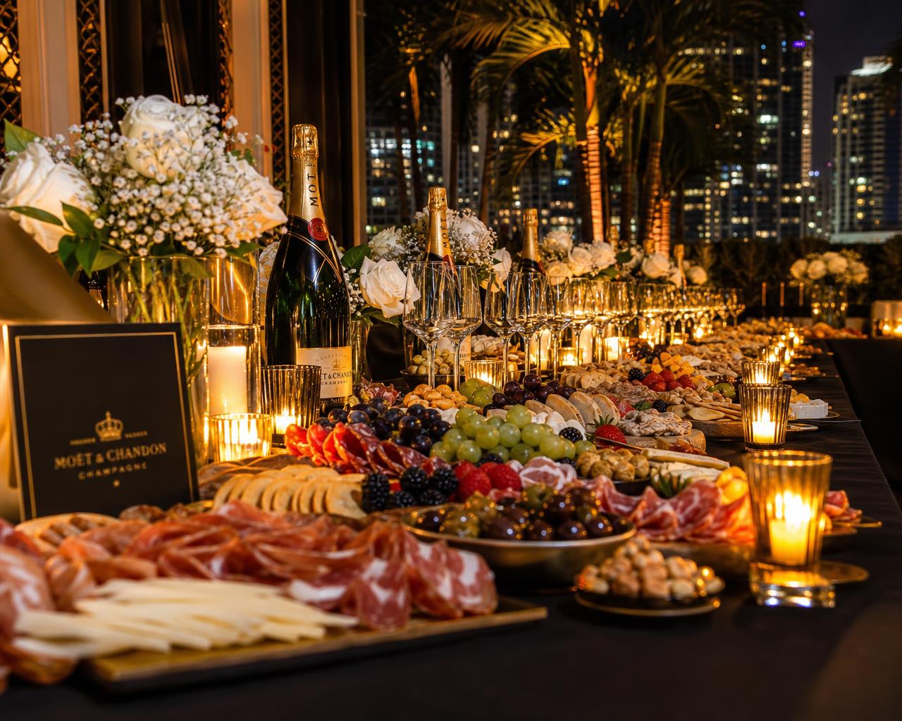Dramatic candlelit evening grazing table with champagne, charcuterie, and Miami skyline backdrop