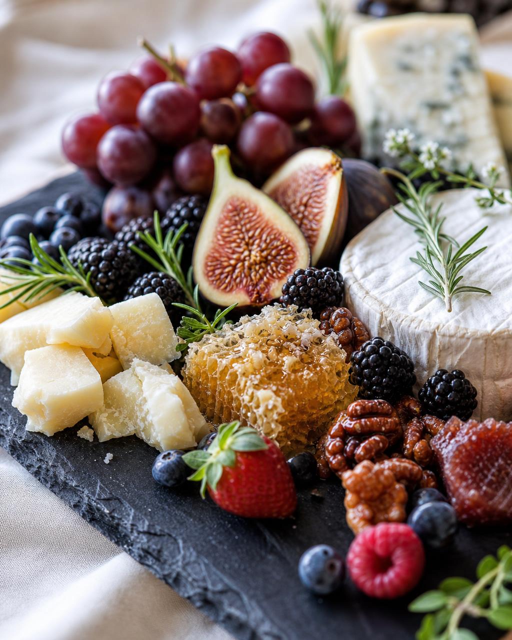 Elegant slate board with aged cheeses, fresh figs, berries, honeycomb, and candied nuts