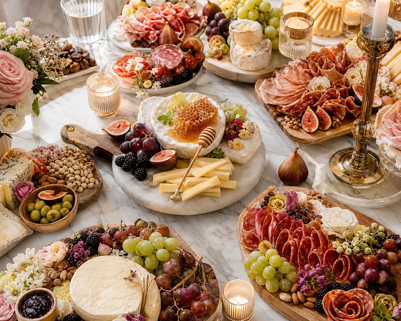An elegant marble grazing table spread with charcuterie, artisan cheeses, honeycomb, figs, grapes, and blush florals