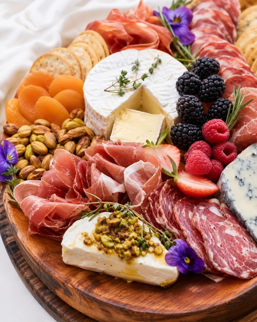 Close-up of a luxury acacia board with cured meats, brie, fresh berries, dried apricots, and pistachios