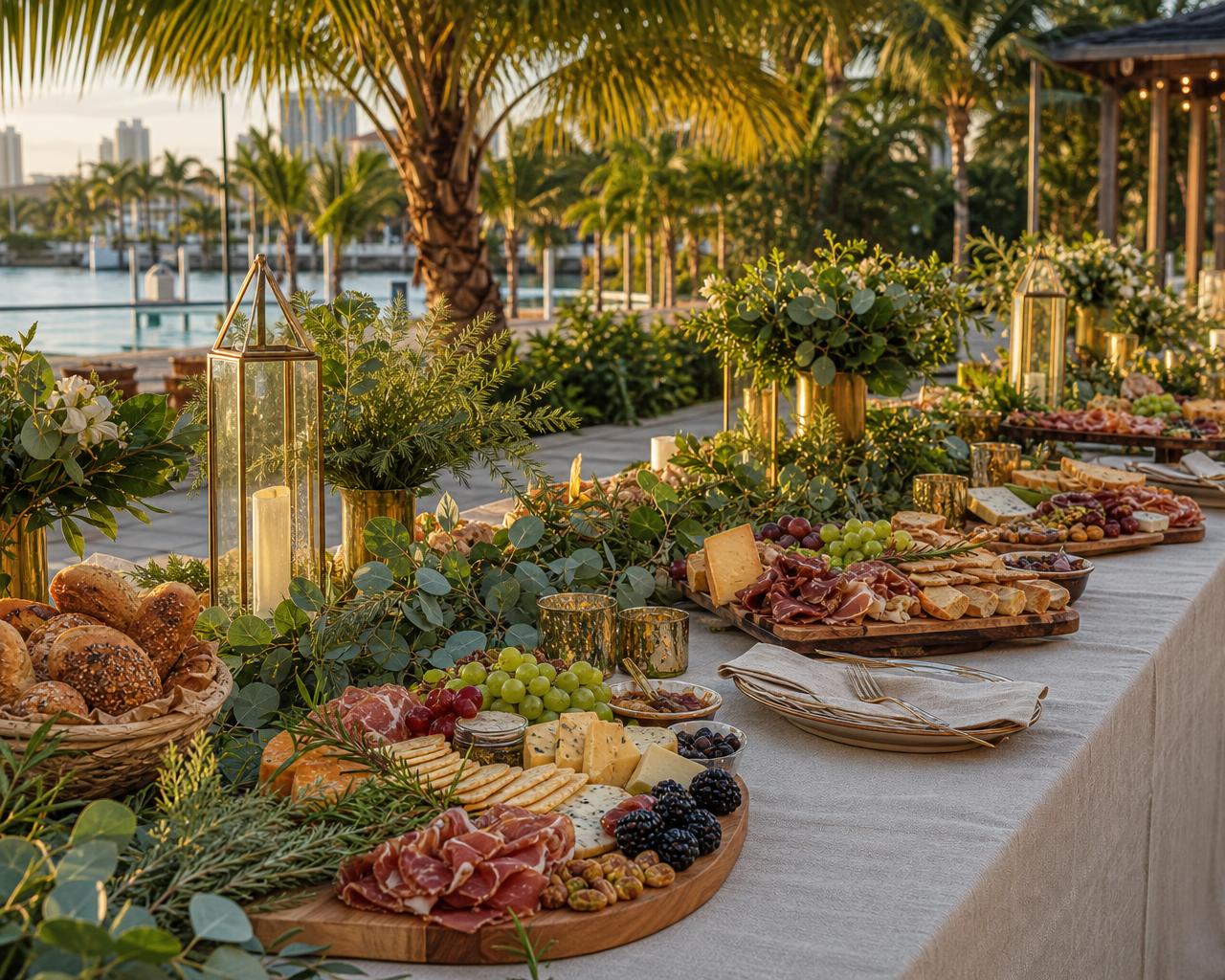 Outdoor Miami garden party table with multiple grazing boards, fresh bread, grapes, and lush greenery