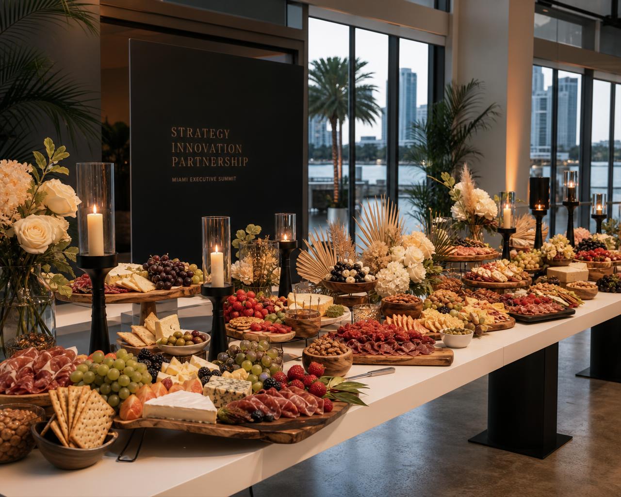 Sophisticated corporate event grazing table in a modern Miami venue with city skyline views