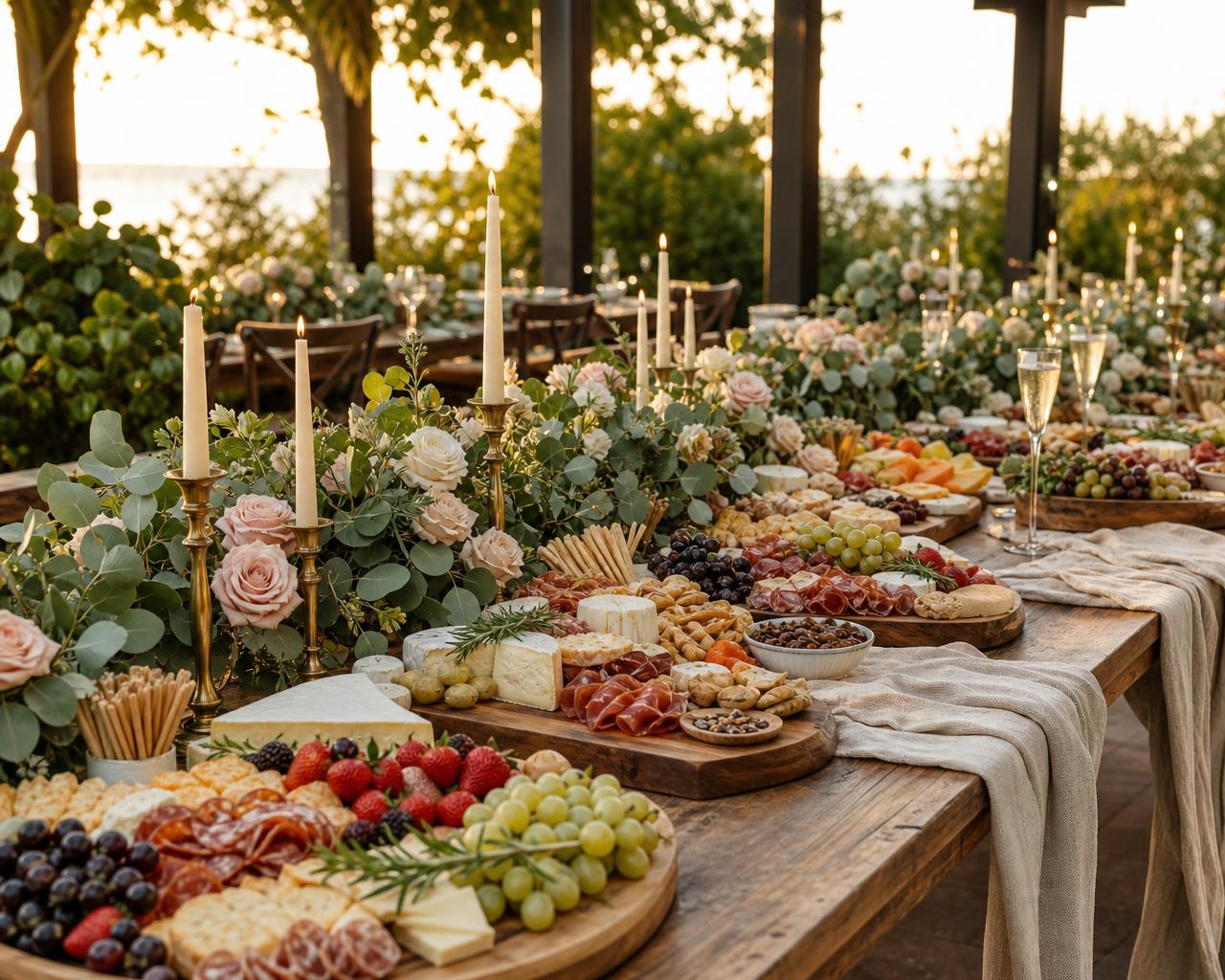 A romantic outdoor wedding grazing table with charcuterie, cheeses, taper candles, and blush roses on a farm table