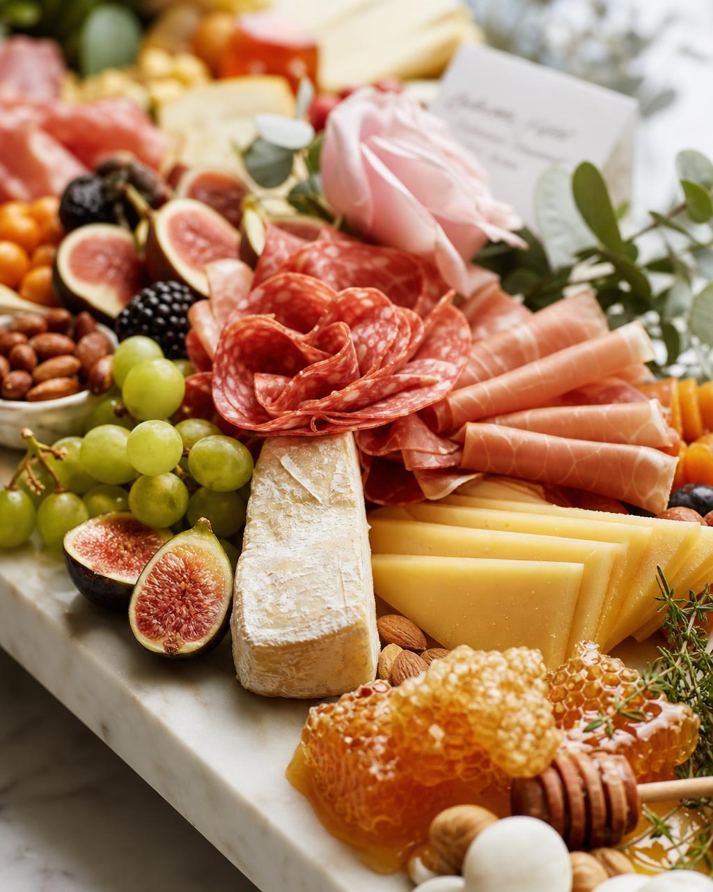 Close-up of a marble grazing board with artisan meats, aged cheeses, honeycomb, figs, and florals