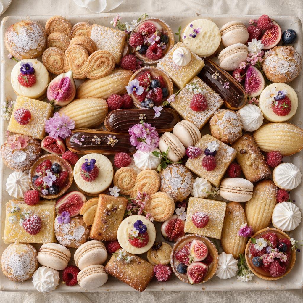 Luxury baked dessert platter with mini cheesecakes, tarts, lemon bars, éclairs, macarons, madeleines and palmiers
