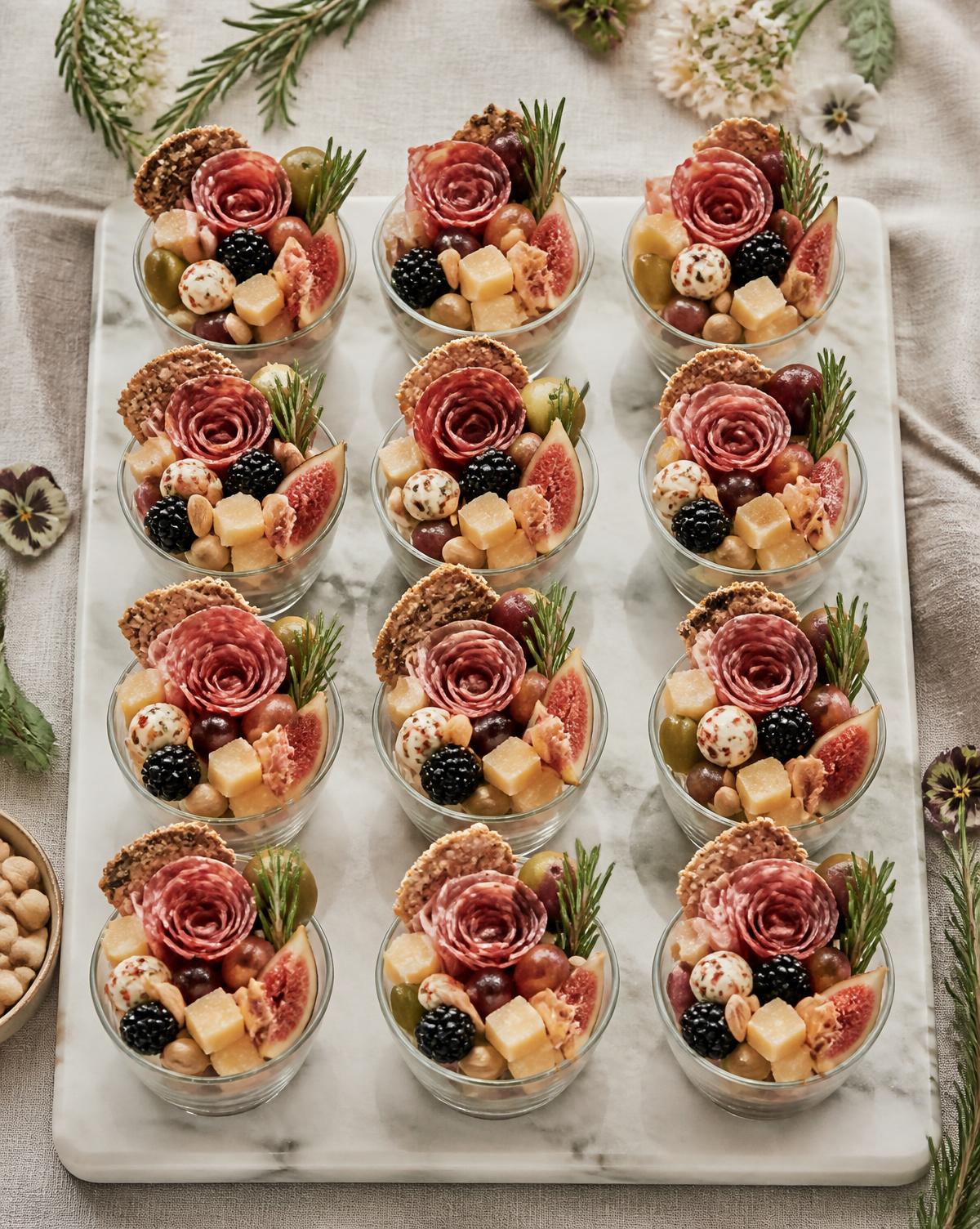 Individual charcuterie cups with salami roses, cheese cubes, grapes, figs, olives and crackers