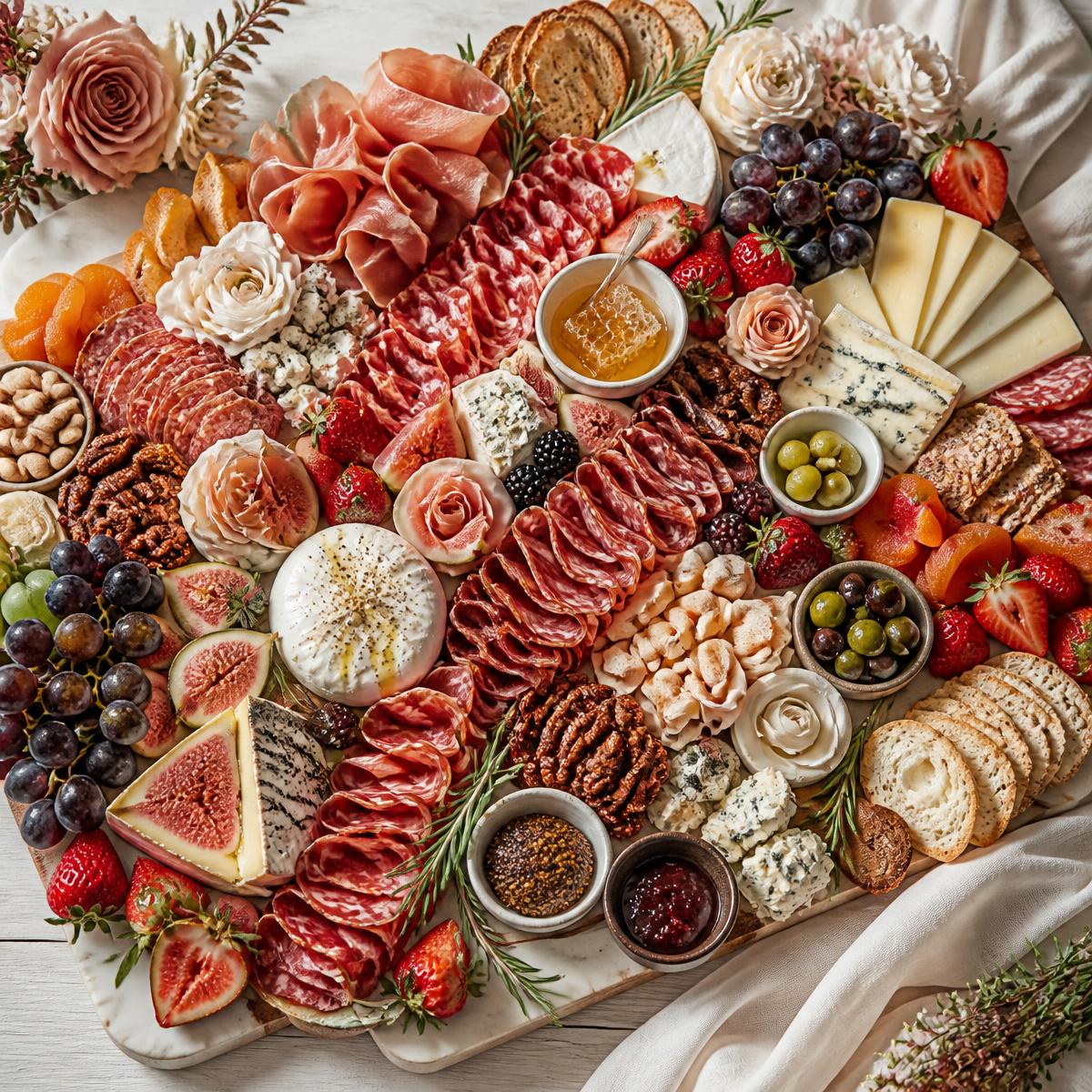 Charcuterie platter with artisan cheeses, prosciutto, salami, figs, grapes, honeycomb, nuts and crackers