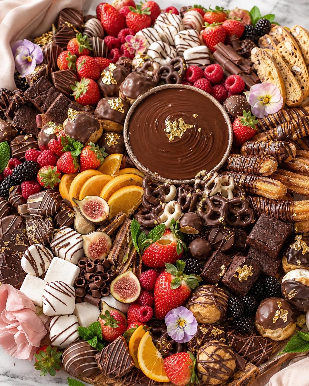 Luxury chocolate platter with fresh berries, figs, marshmallows, biscotti, truffles, profiteroles and a rich chocolate dip