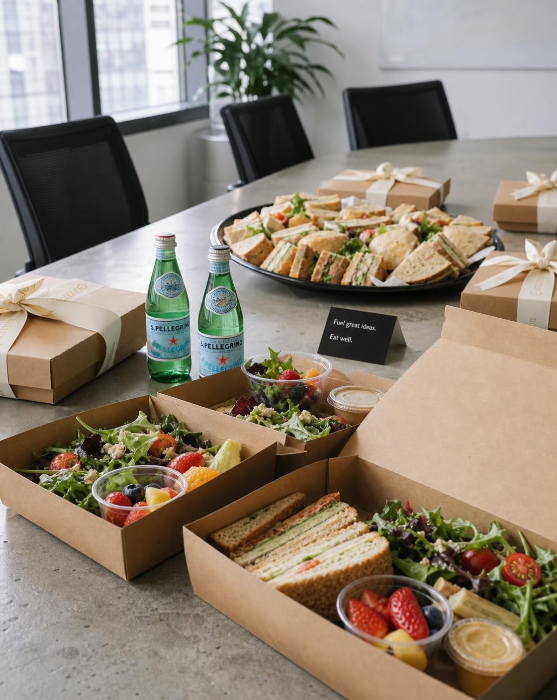 Working lunch boxes with sandwiches, salads and fruit on a conference table