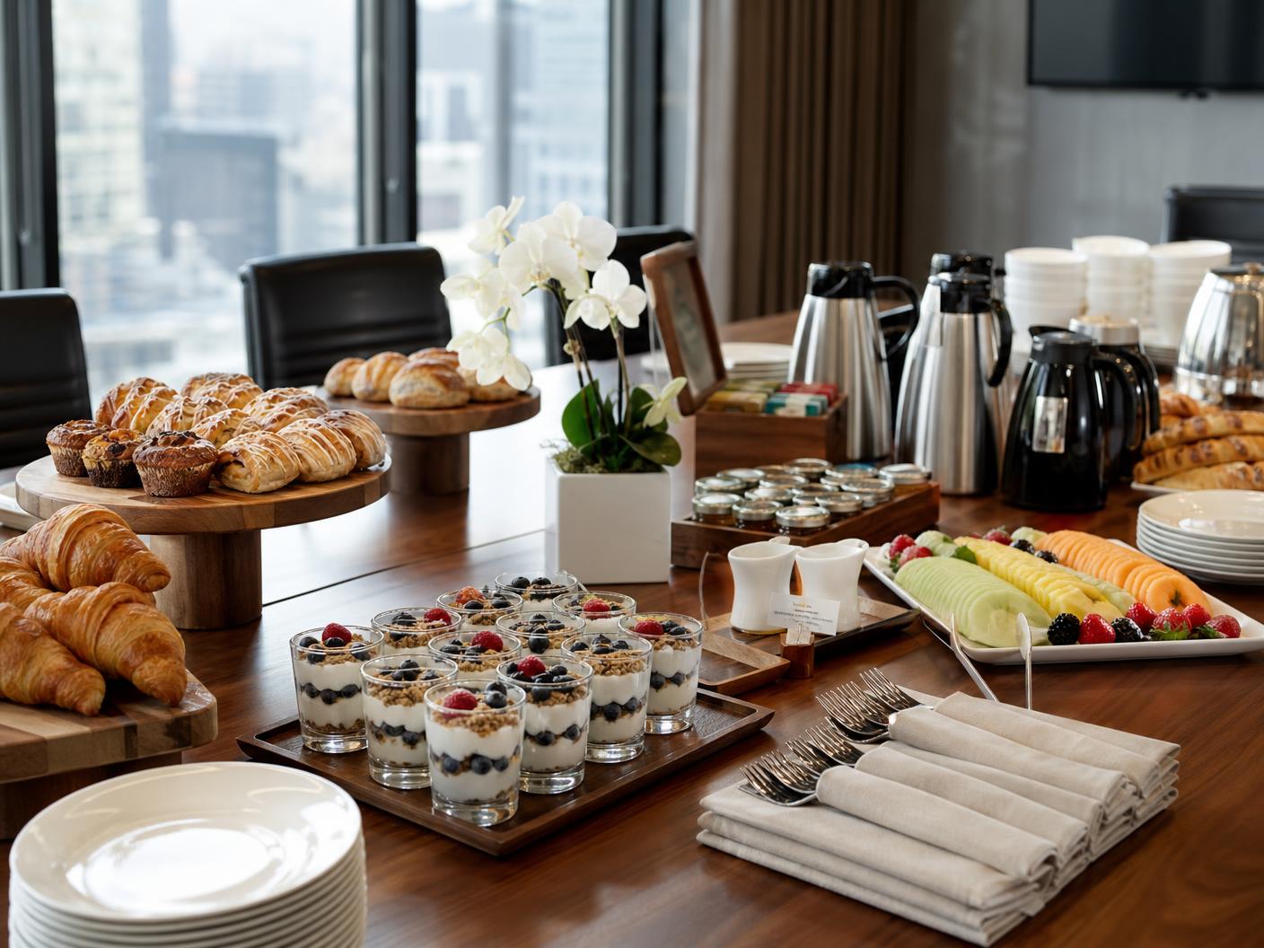Morning meeting breakfast display with croissants, pastries, fruit and parfaits on a boardroom table