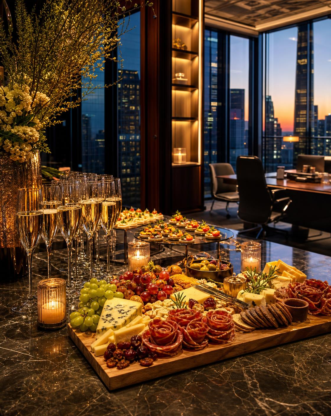 Executive evening reception with champagne, canapés and a charcuterie board by candlelight