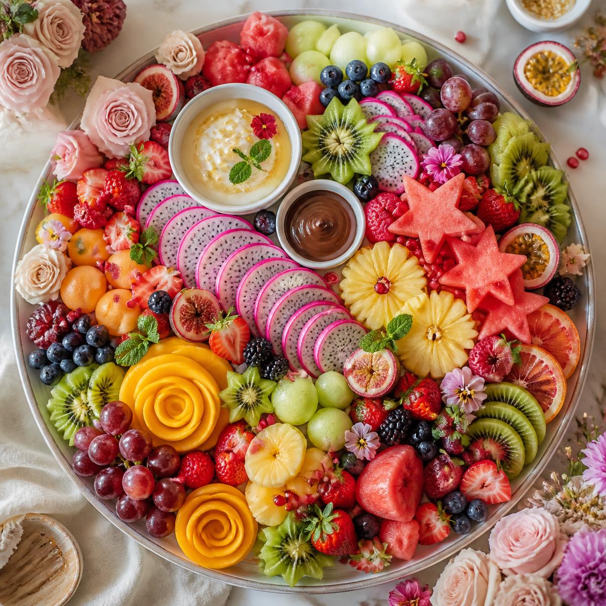 Fresh fruit tray with berries, melon, kiwi, dragonfruit, mango, grapes and edible flowers