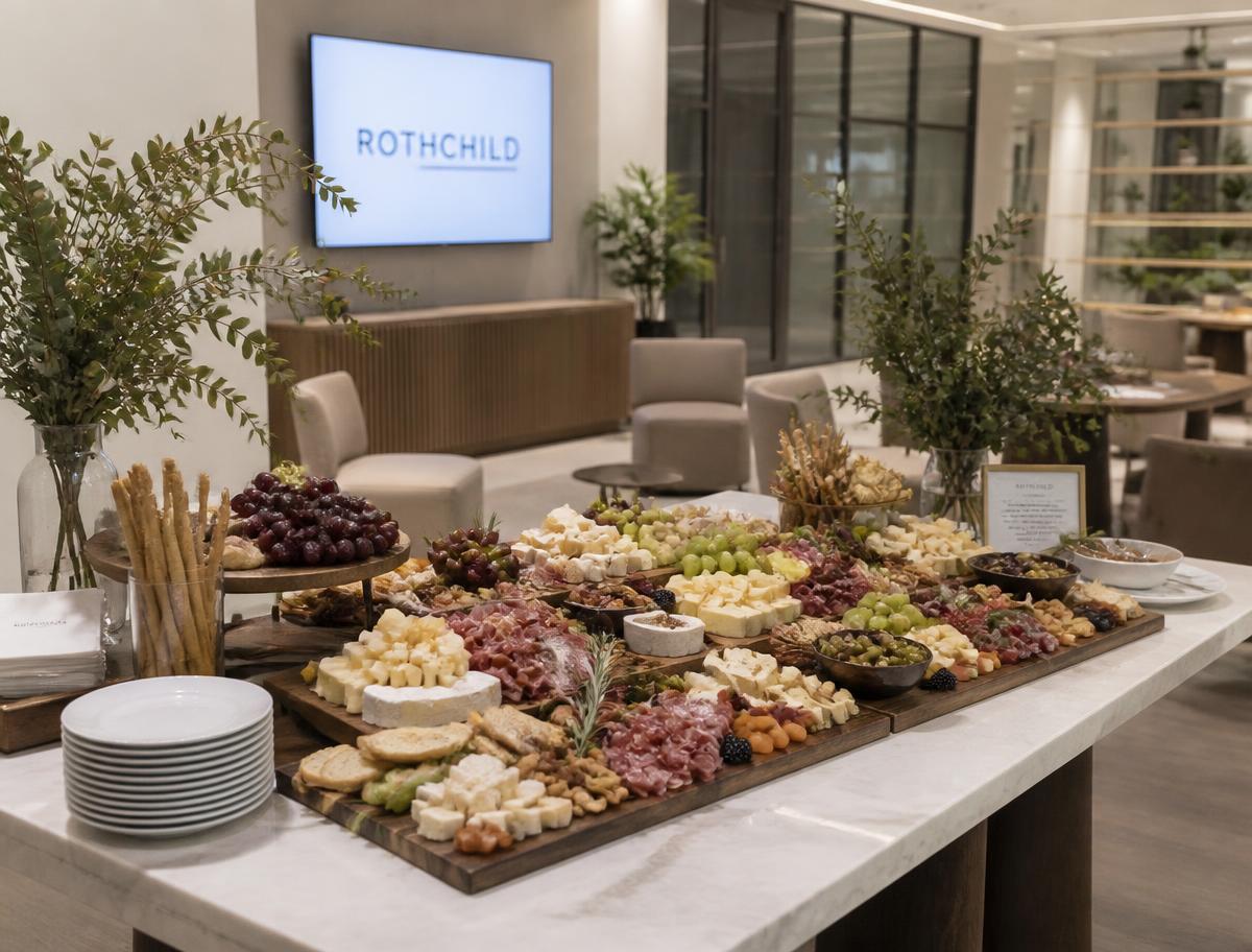 Corporate event grazing table styled on marble in a modern office lounge
