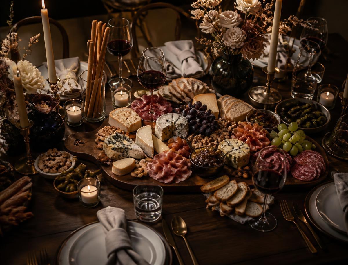 Candlelit dinner party grazing board on a walnut table