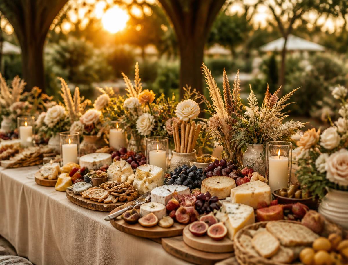 Outdoor garden party grazing table at golden hour with candles and florals