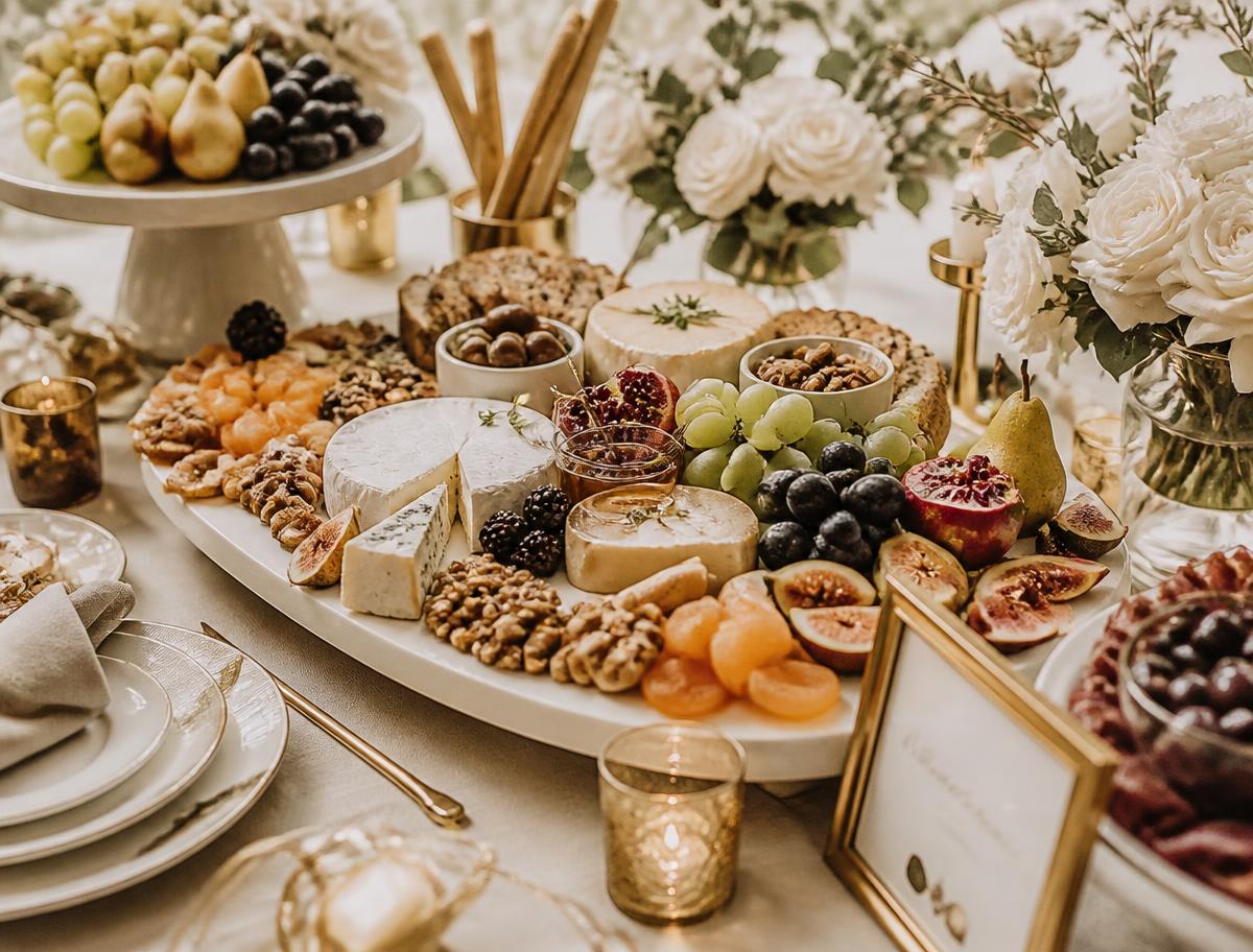 Holiday grazing table with seasonal fruit, cheeses and gold accents