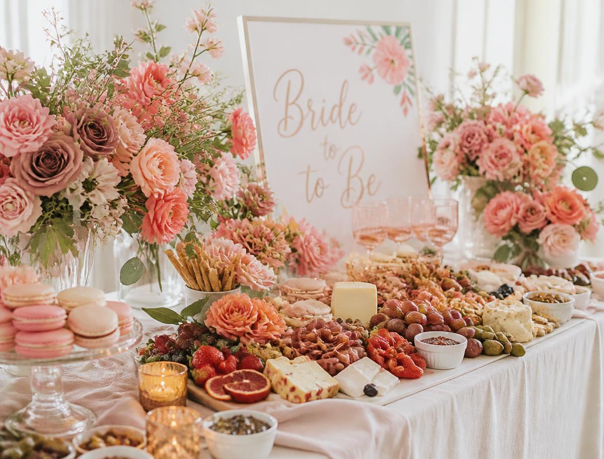 Bridal shower grazing table with blush florals, macarons and berries