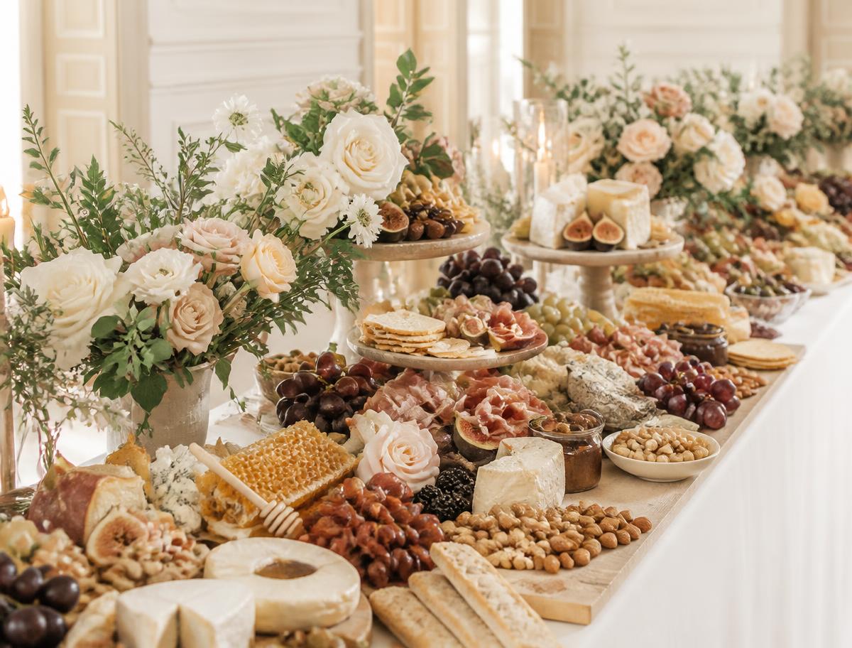 Wedding grazing table with cheeses, charcuterie, honeycomb and ivory roses on white linen