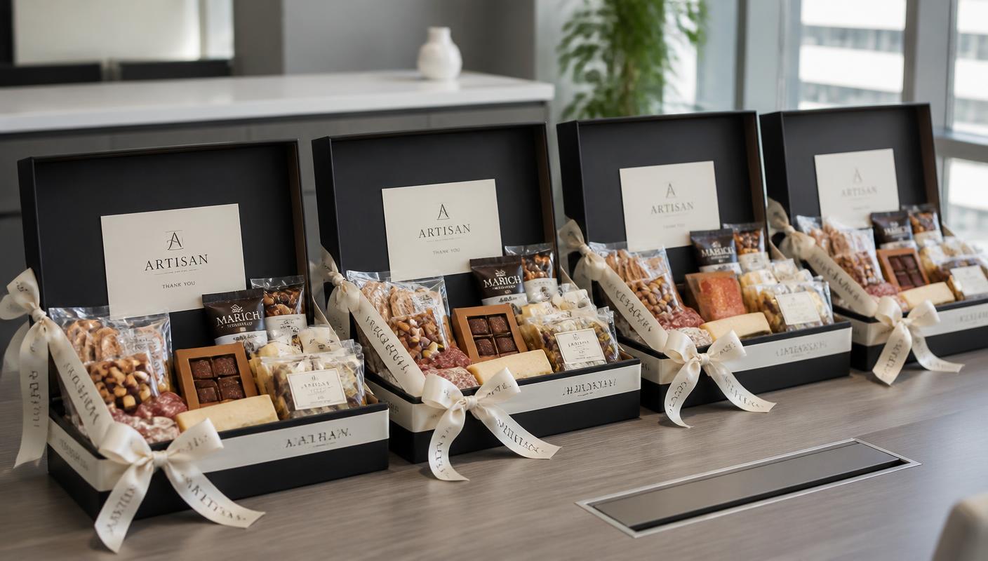 A row of branded corporate charcuterie gift boxes tied with ivory ribbon