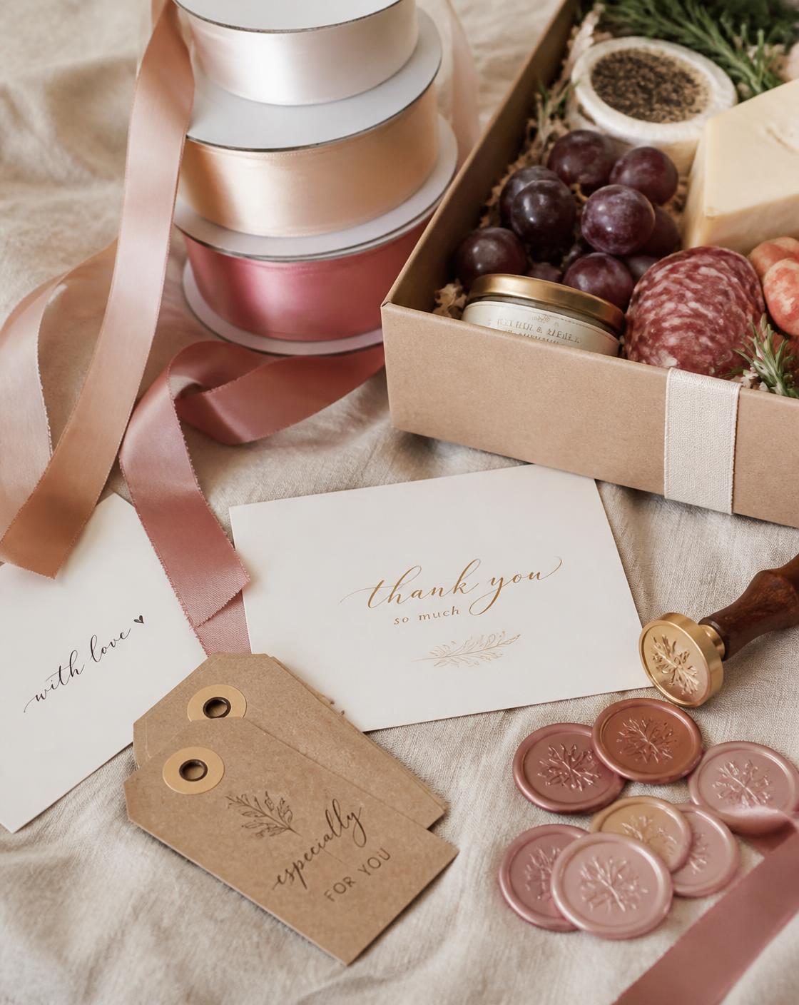 Blush and dusty rose satin ribbons, wax seals and handwritten calligraphy gift cards