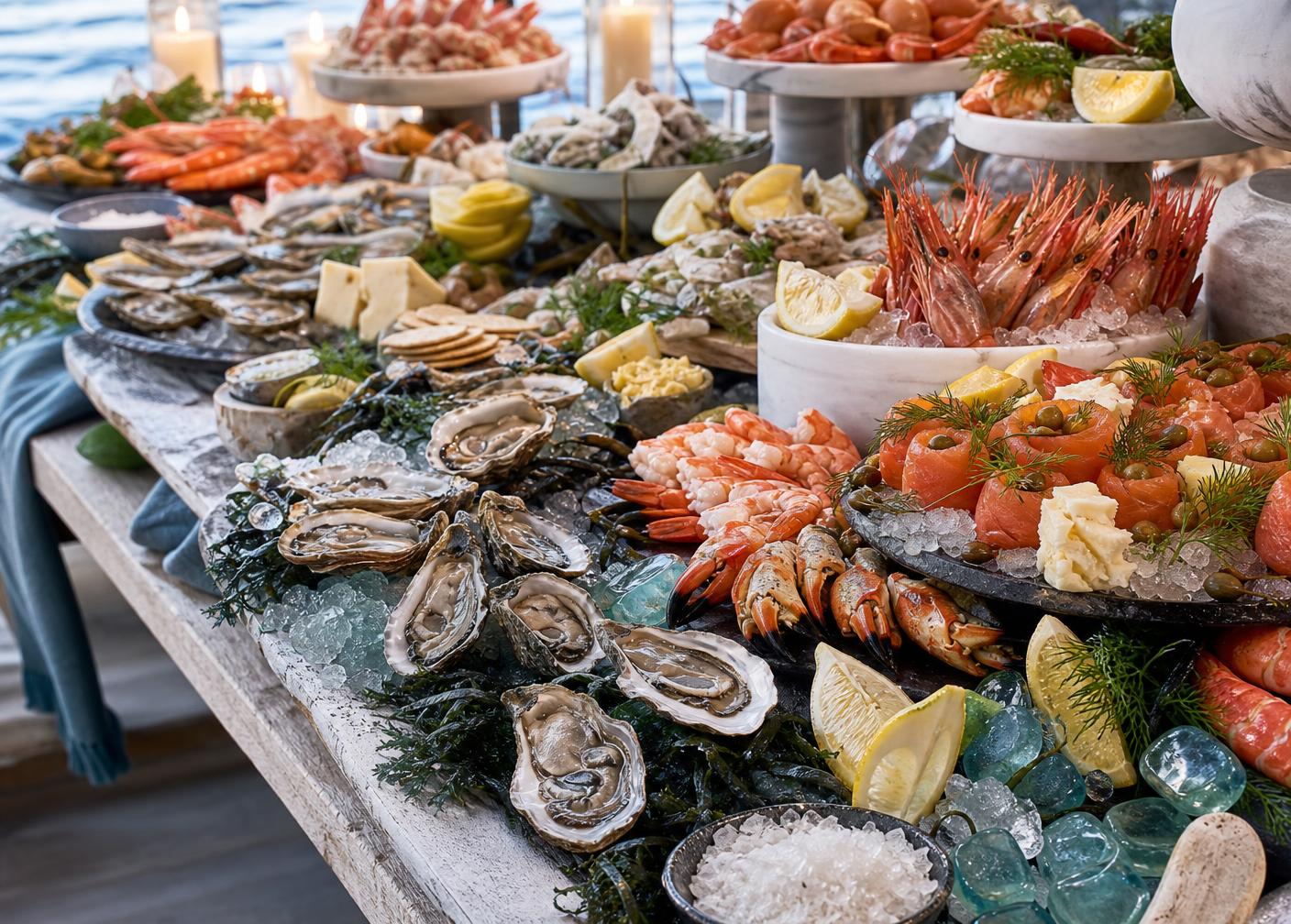 Coastal seafood grazing table with oysters, prawns, lemons and ivory cheeses on bleached wood