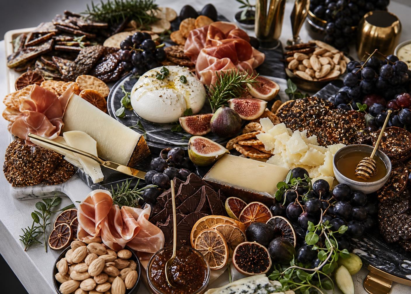 Modern minimalist marble grazing board with prosciutto, dark grapes, figs and honeycomb