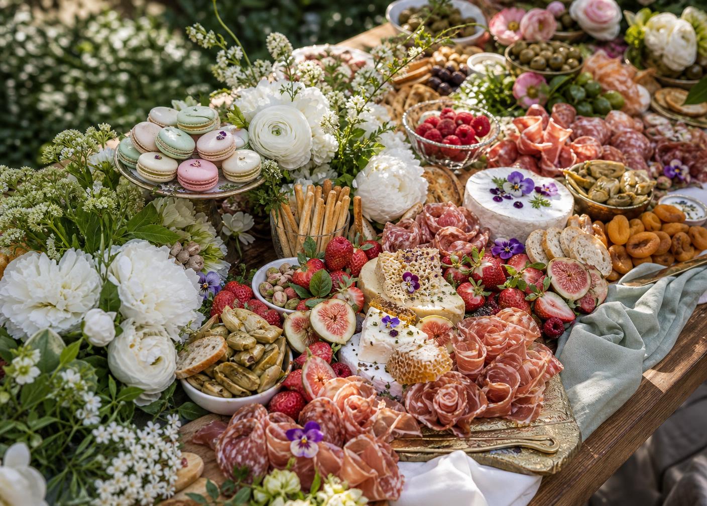 Spring garden grazing table with pastel macarons, strawberries, soft cheeses and white flowers on sage linen