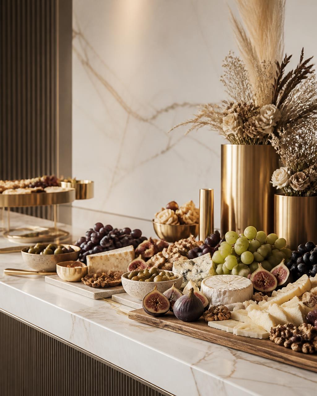 Corporate event grazing table styled on marble in a modern office lounge