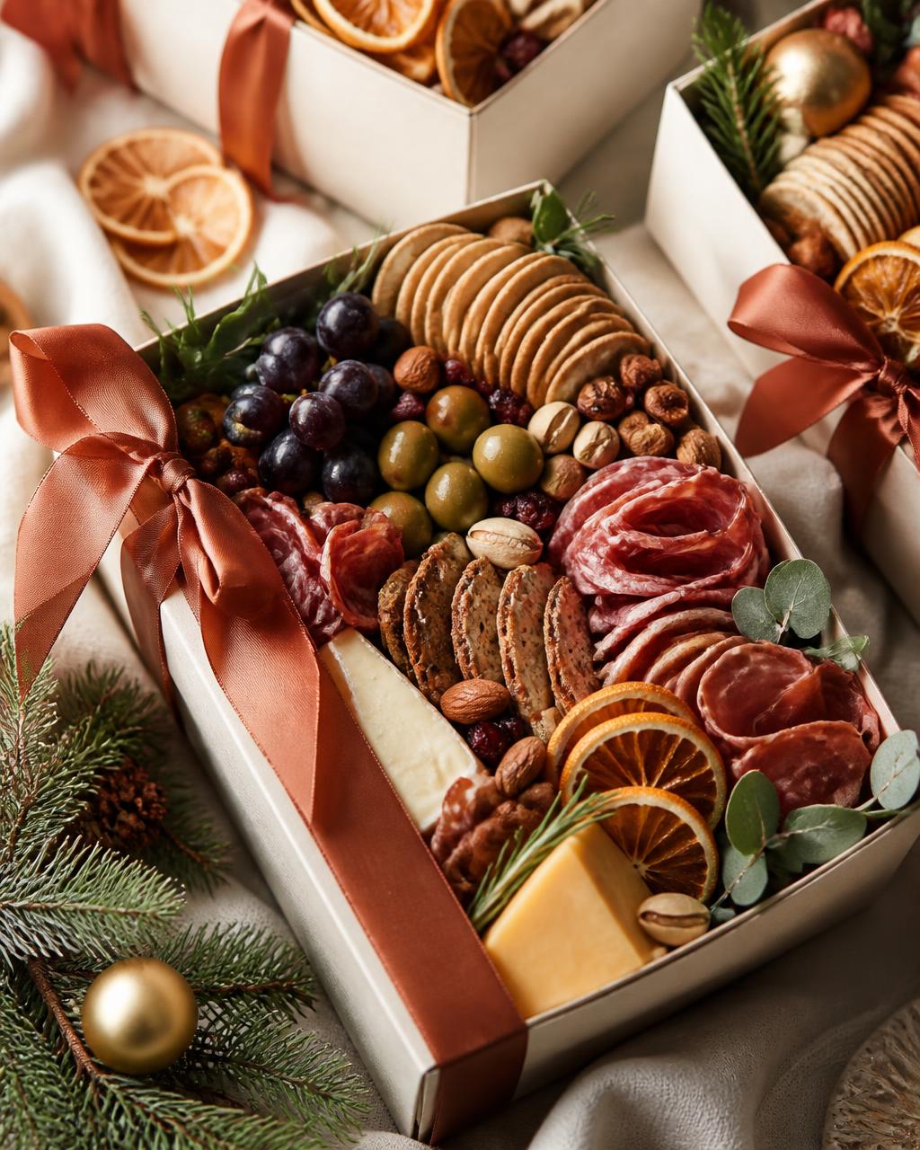 Seasonal gifting grazing boxes with ribbon, dried citrus and holiday greens