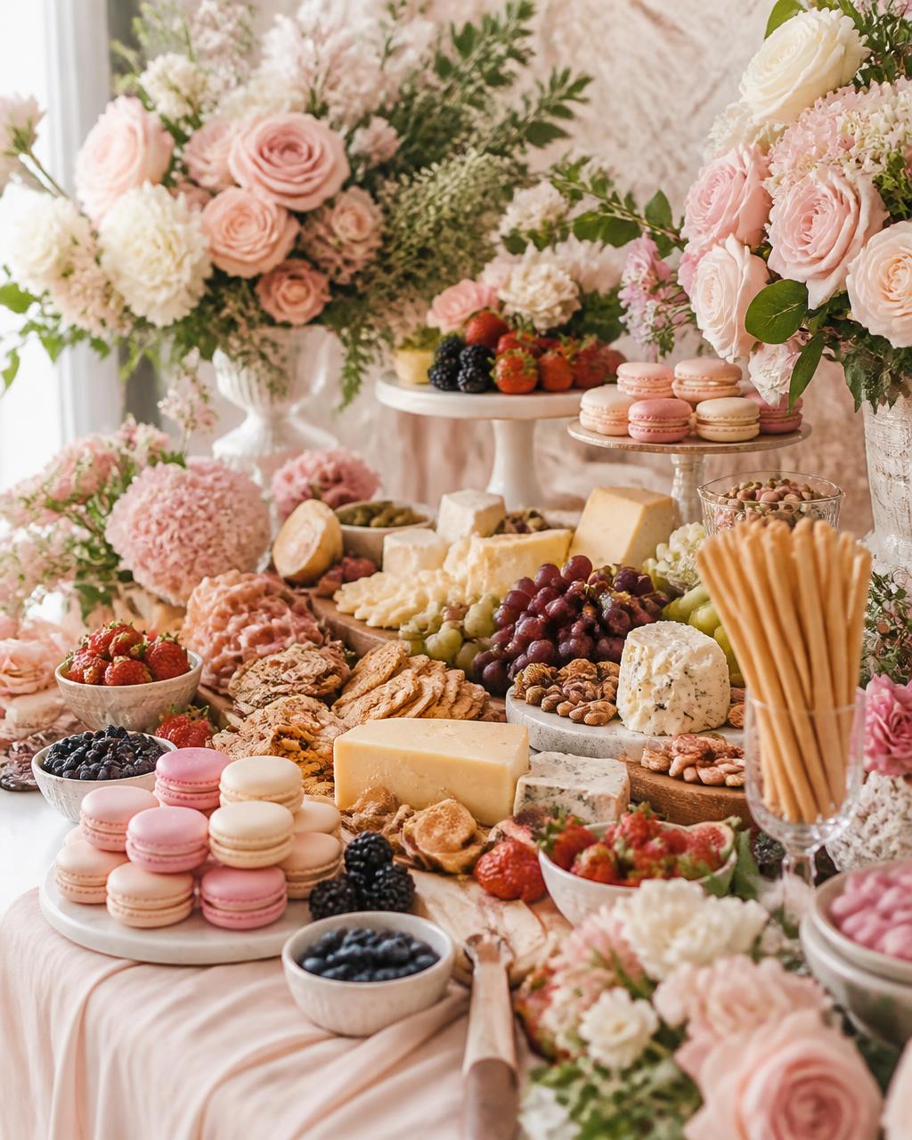 Bridal shower grazing table with blush florals, macarons and berries