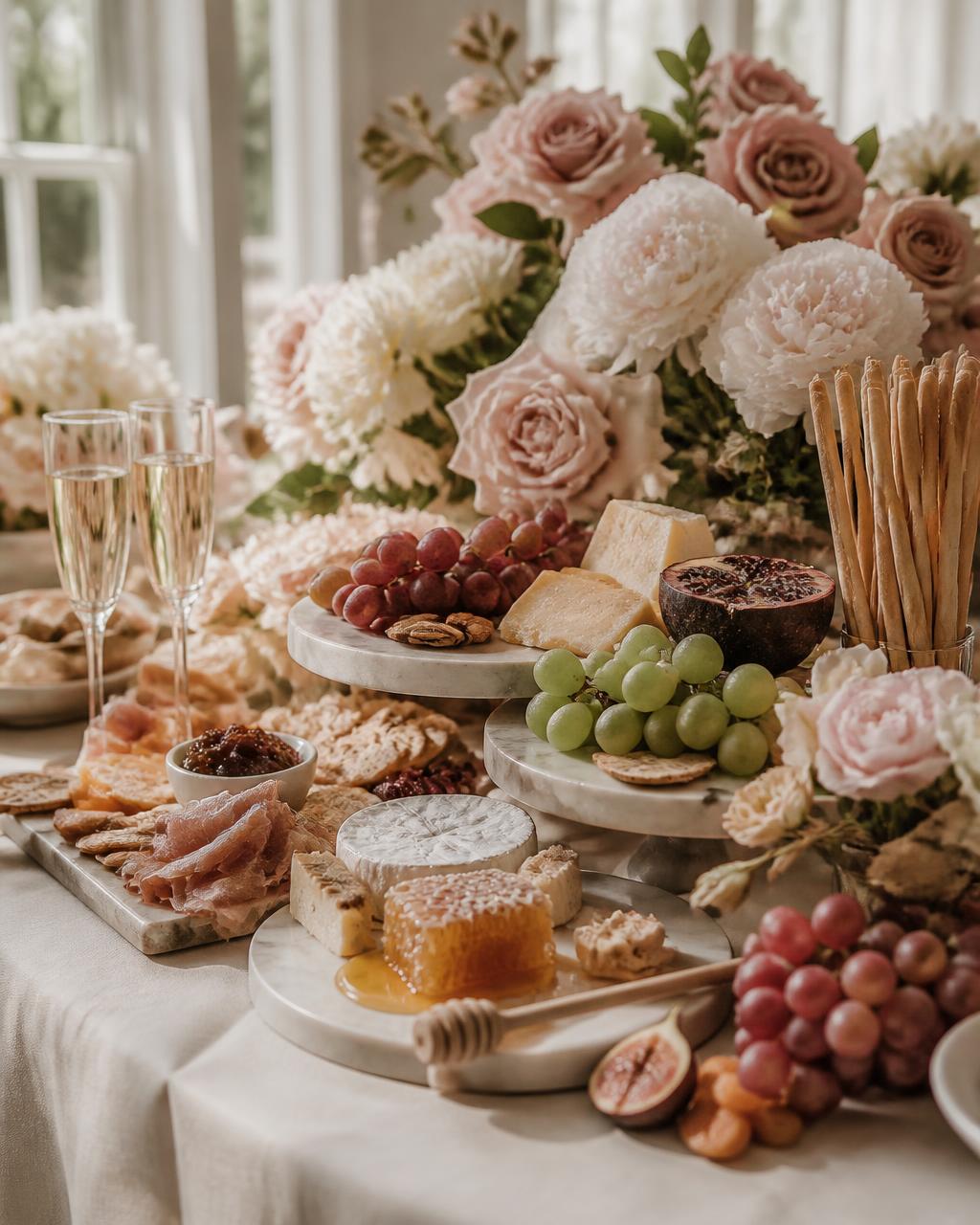 Wedding grazing table with cheeses, charcuterie, honeycomb and ivory roses on white linen