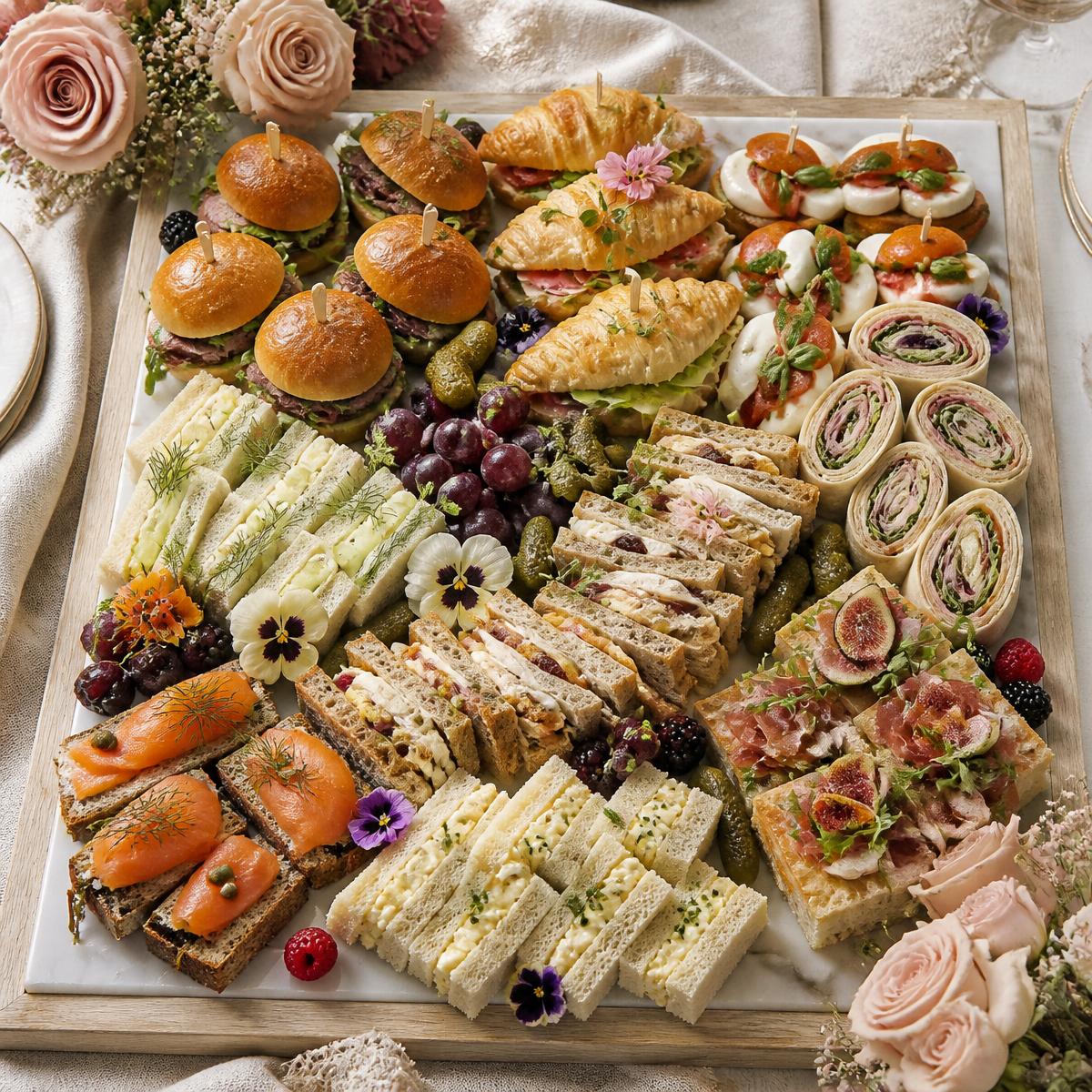 Assorted gourmet sandwich platter with croissant, ciabatta, focaccia, rye and brioche sandwiches