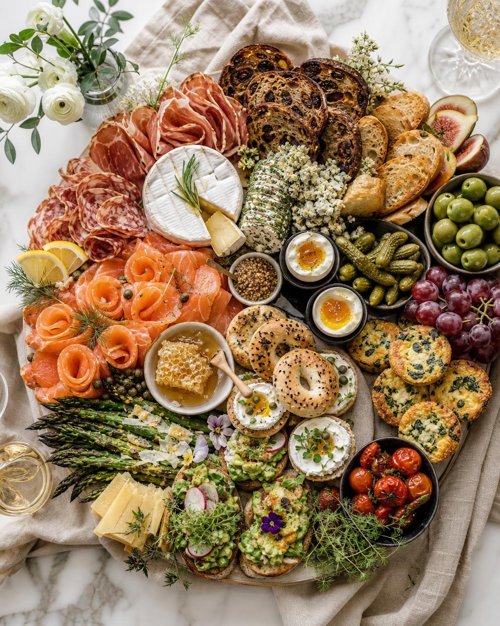 Premium savory breakfast platter with smoked salmon, charcuterie, cheeses, mini quiches, eggs, avocado toast, bagels and fresh herbs