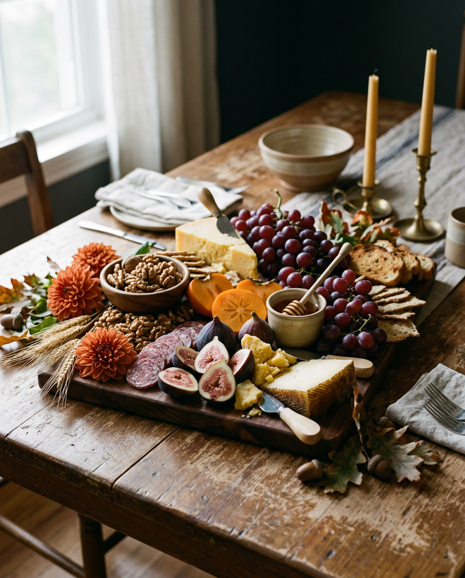 Autumn harvest board with figs, grapes, aged cheeses, honey and dried florals