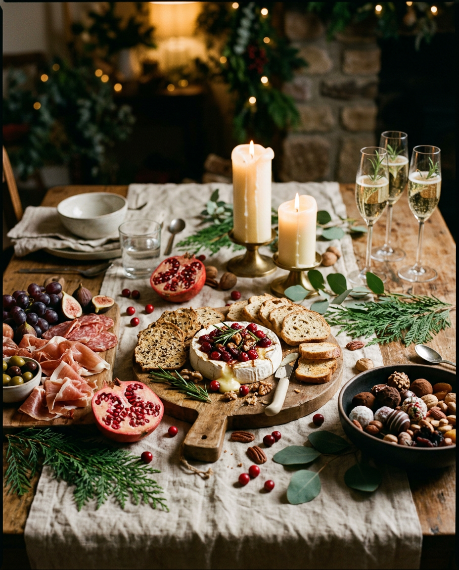 Holiday grazing table with cranberries, pomegranate, brie, gold accents and candles