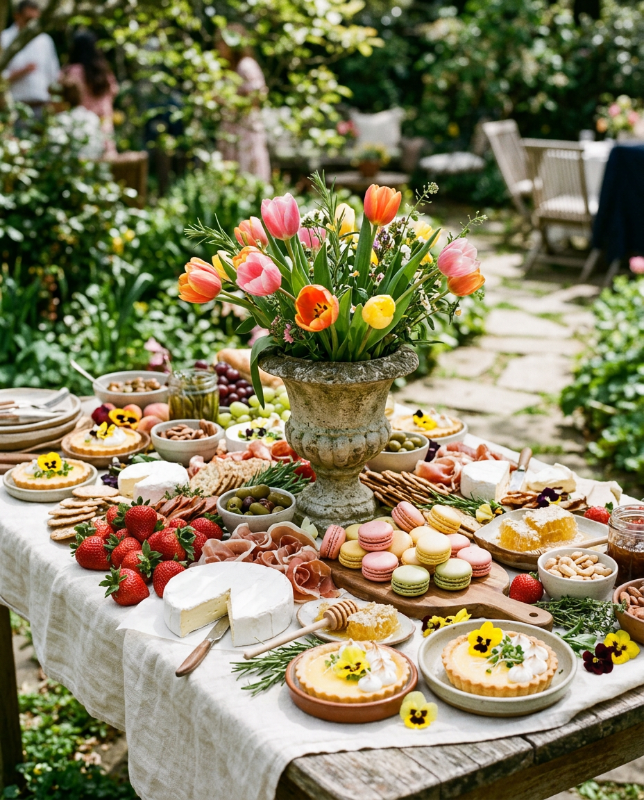 Spring grazing table with tulips, strawberries, pastel macarons and lemon tarts