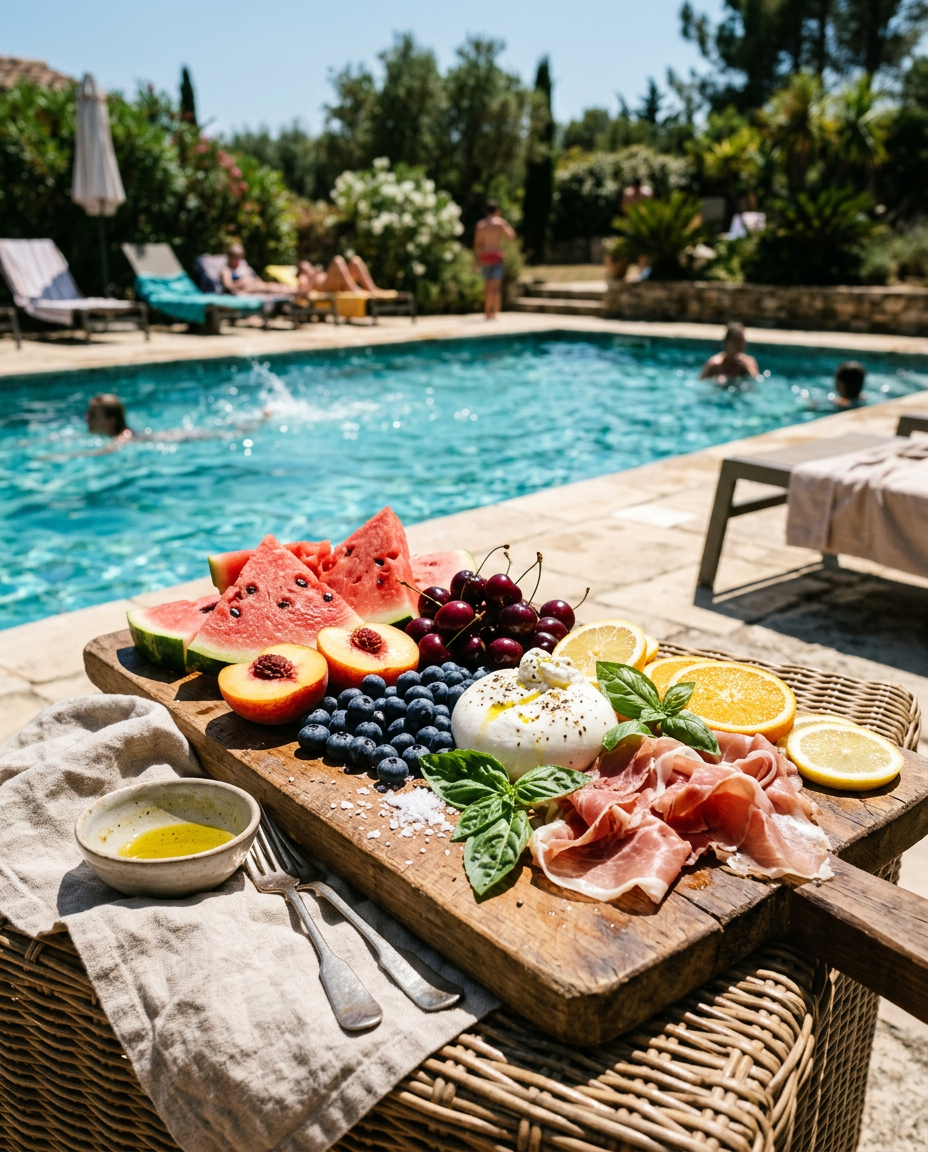 Summer grazing board with watermelon, stone fruit, burrata and citrus beside a pool