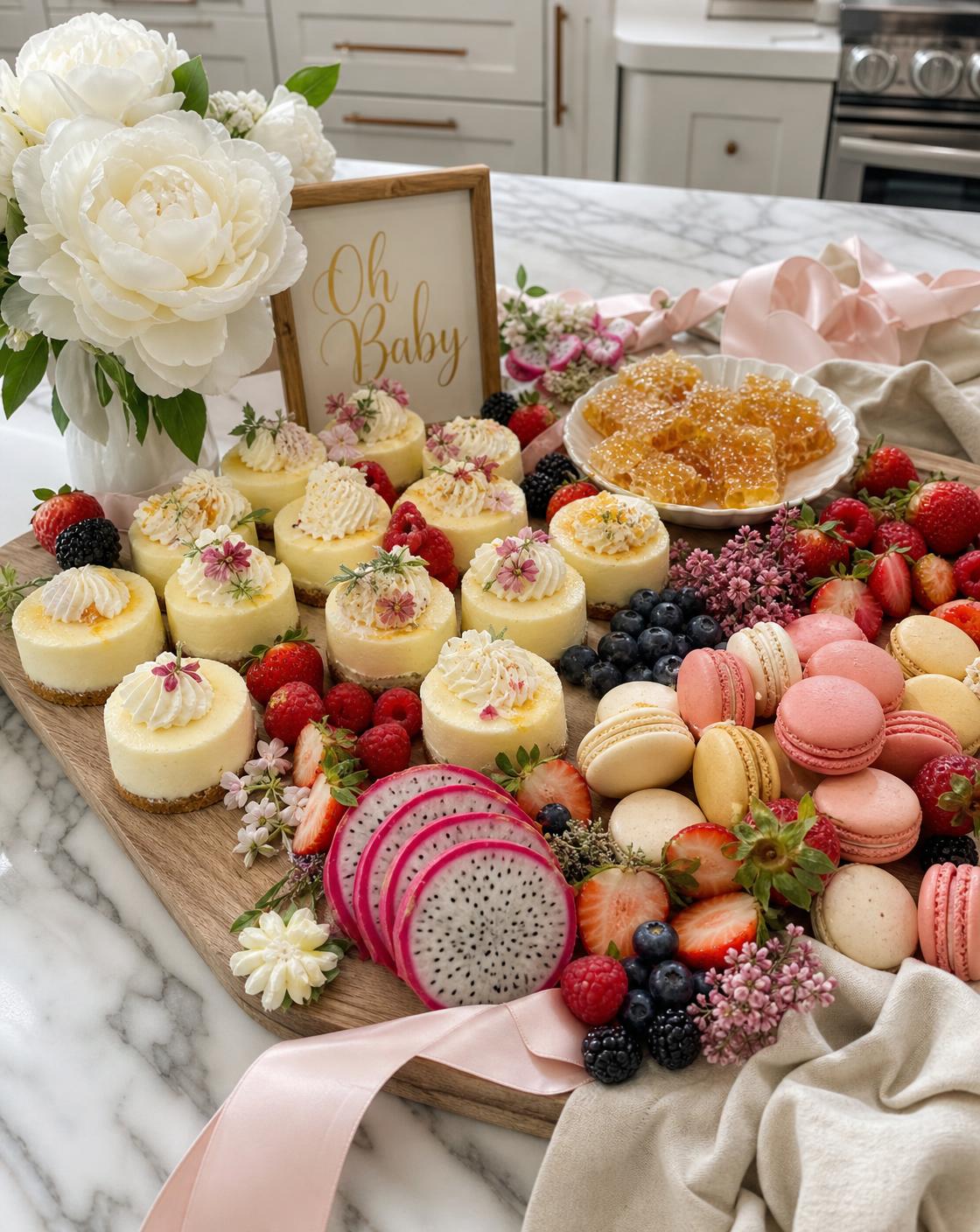 Baby shower dessert board with mini cheesecakes, macarons, berries and blush ribbon