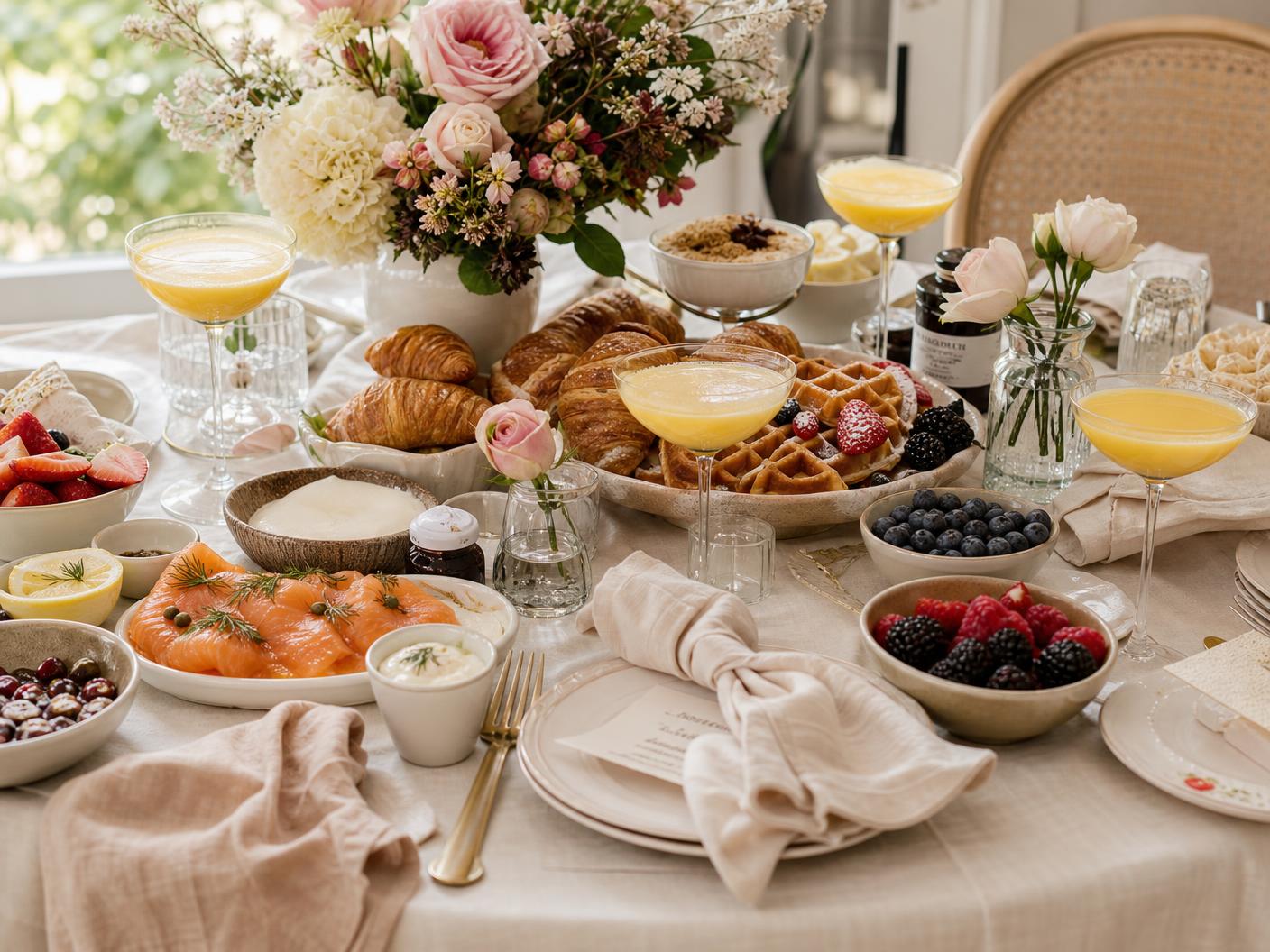 Girls' brunch spread with waffles, pastries, smoked salmon, berries and mimosas