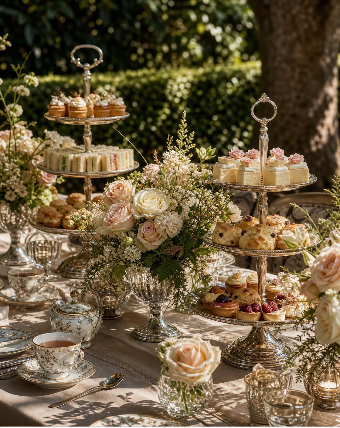 Garden tea party tablescape with tiered stands of scones, sandwiches and petit fours