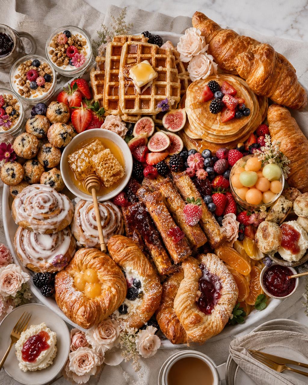 Breakfast sweet platter with waffles, pancakes, French toast, croissants, fresh fruit, honeycomb, scones and yogurt parfaits