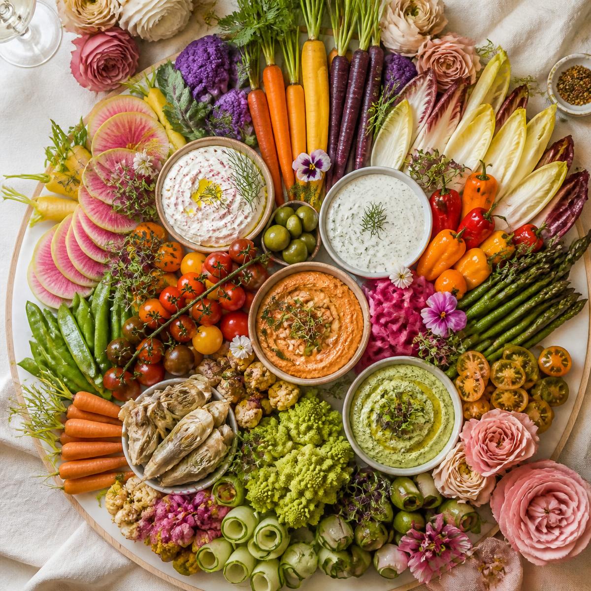 Ultimate veggie platter with heirloom carrots, romanesco, watermelon radish, endive, snap peas and handcrafted dips
