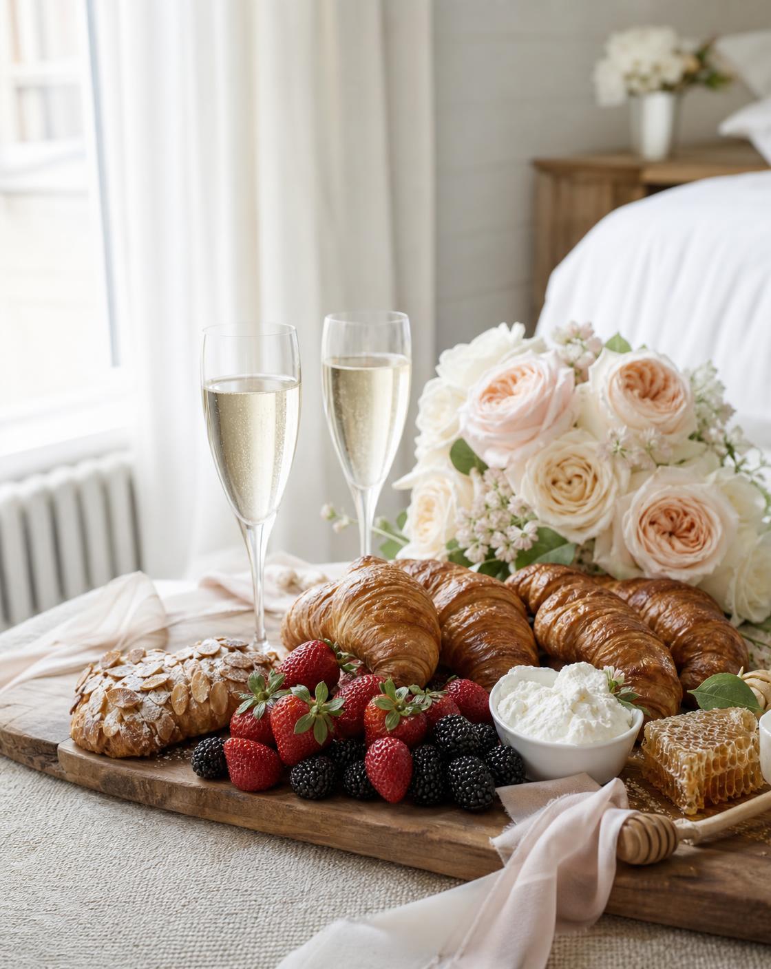 Bridal suite breakfast board with pastries, berries and champagne