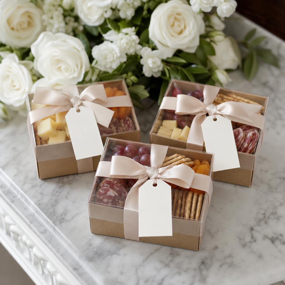 Wedding welcome grazing boxes tied with blush ribbon and cream tags